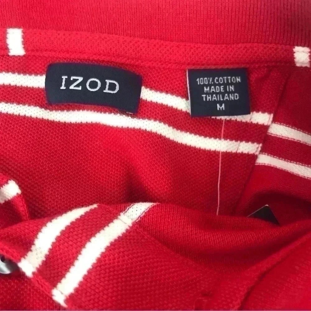 IZOD Men’s Medium Polo Shirt – Red Striped 100% Cotton Collared Top NWT - Picture 2 of 8